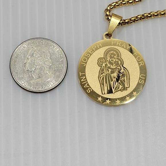 Gold Colored Saint Joseph Pray For Us Charm With Chain Necklace 22" - Picture 3 of 6